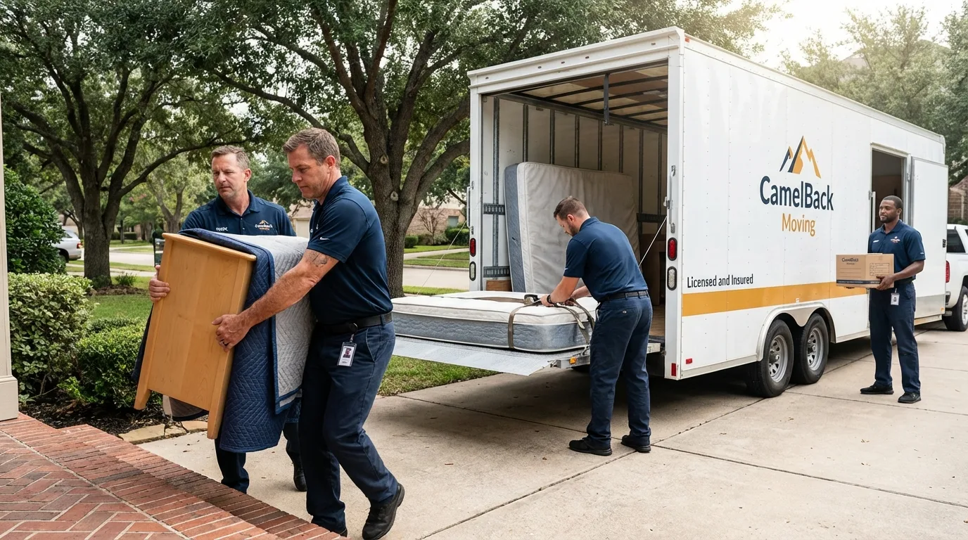 Crew loading residential truck for cross-state move from Highland, KS