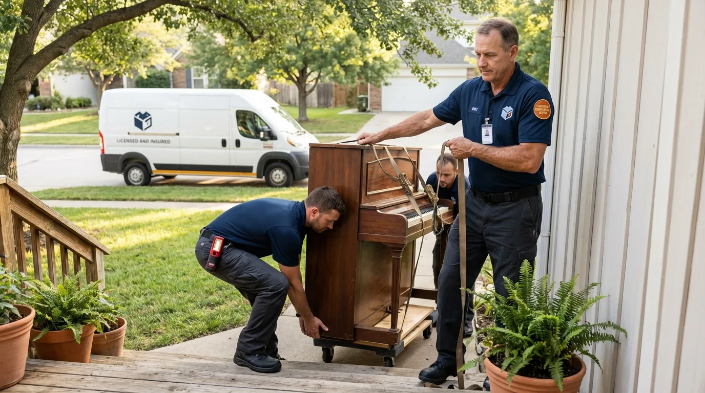 Licensed piano movers securing grand piano in Highland, KS