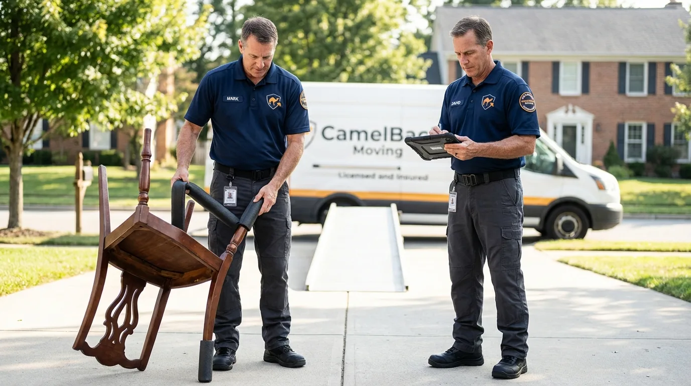 Movers inspecting furniture for damage prevention before loading in Highland, KS
